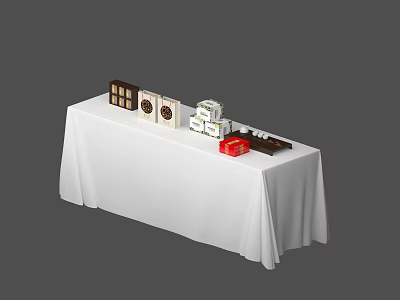 Decorative Ornaments Set With White Tablecloth And Various Tabletop Display Pieces 3d model