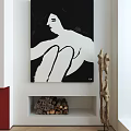 Abstract Painting Black and White Minimalist Figure Wall Art with Fireplace Firewood and Wooden Sculpture