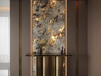 Elegant Modern Entryway Hallway Interior With Decorative Marble Screen Golden Glow And Black Console Table 3d model