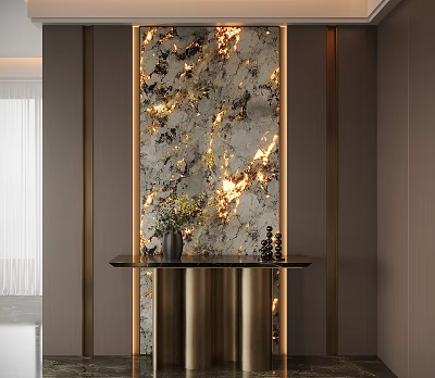 Elegant Modern Entryway Hallway Interior With Decorative Marble Screen Golden Glow And Black Console Table 3d model