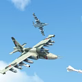 Camouflage Fighter Jet With Red Tail Emblem Launching Missile In Blue Sky