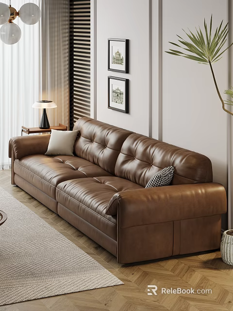 Modern Brown Leather Sectional Sofa With White And Patterned Cushions In Living Room 3d model 