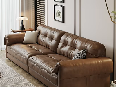 Modern Brown Leather Sectional Sofa With White And Patterned Cushions In Living Room 3d model