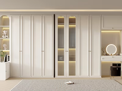 Modern White Wardrobe Interior Design With Glass Doors LED Lighting And Storage Elements 3d model