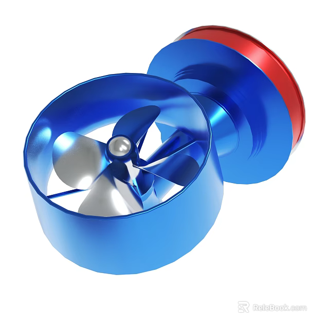 Blue And Red Metal Turbine Fan With Rotating Blades And Smooth Surface 3d model 