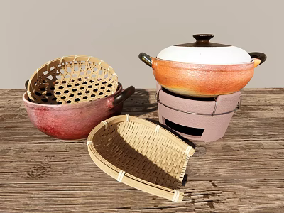 Traditional Tableware Set With Bamboo Baskets Ceramic Pot And Wooden Table 3d model