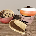 Traditional Tableware Set With Bamboo Baskets Ceramic Pot And Wooden Table 3d model