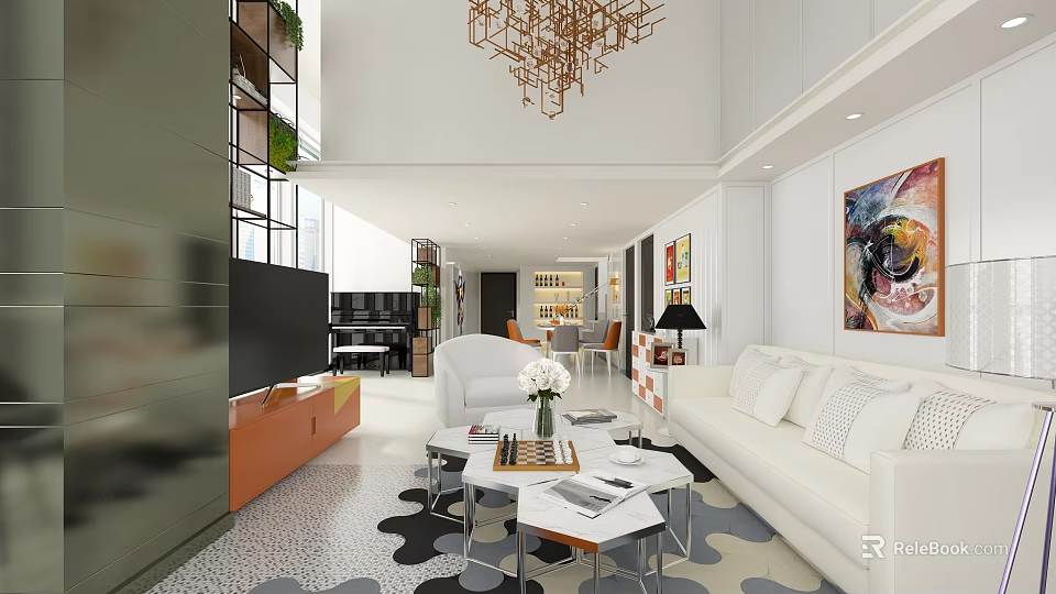 Modern Spacious High Ceiling Living Room Interior With Elegant White Sofas And Unique Decorations 3d model 
