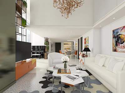 Modern Spacious High Ceiling Living Room Interior With Elegant White Sofas And Unique Decorations 3d model