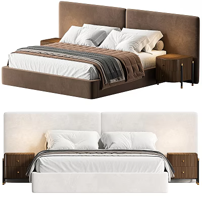 Modern Double Bed With Upholstered Headboard White Pillows Wooden Nightstands And Throw Blanket 3d model