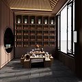 Traditional Oriental Clubhouse Interior With Wooden Ceiling Long Table Stone Stools And Wall Lights