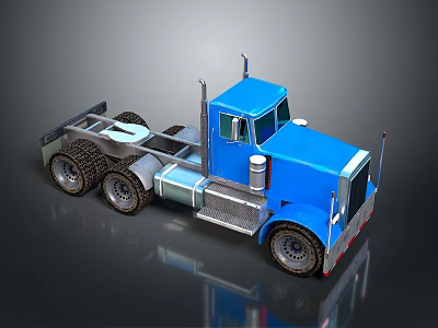 Blue Truck Cab 3D Model With Trailer Frame Multi Wheel And Metal Texture 3d model
