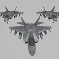 Three Gray Military Fighter Jets Flying in Formation with Weapons 3d model