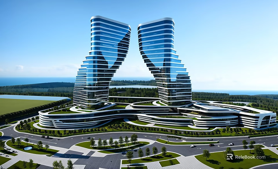 Modern Twin Office Towers With Curved Design Landscaped Surroundings And Scenic Views 3d model 