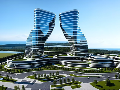 Modern Twin Office Towers With Curved Design Landscaped Surroundings And Scenic Views 3d model