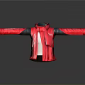 Red Winter Jacket With Black Gray Accents Open Front Design And Outerwear Style
