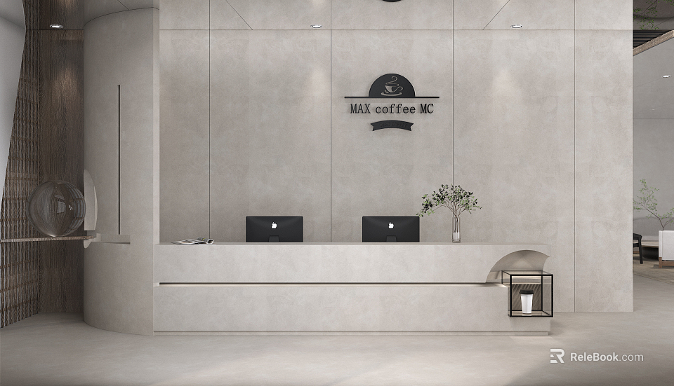 Modern Reception Desk with M&C Coffee Inc Logo Two Computers and Potted Plant 3d model 