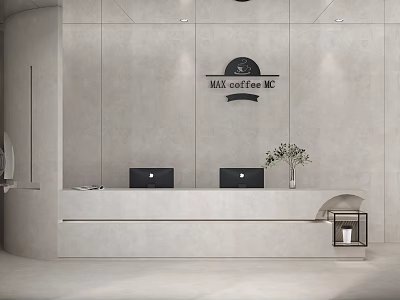 Modern Reception Desk with M&C Coffee Inc Logo Two Computers and Potted Plant 3d model