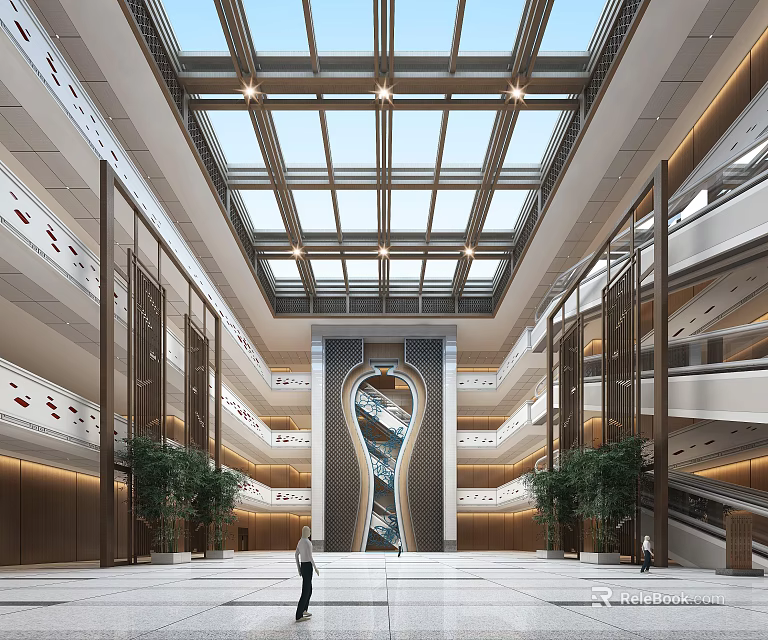 Modern Grand Lobby With Glass Skylight Multi Level Design Central Sculpture And Green Plants 3d model 