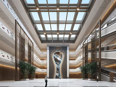 Modern Grand Lobby With Glass Skylight Multi Level Design Central Sculpture And Green Plants 3d model