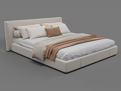Modern Minimalist Double Bed with Upholstered Headboard White Brown Pillows and Blanket 3d model
