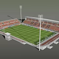 Football Stadium With Green Grass Pitch Red Seated Stands And Floodlights
