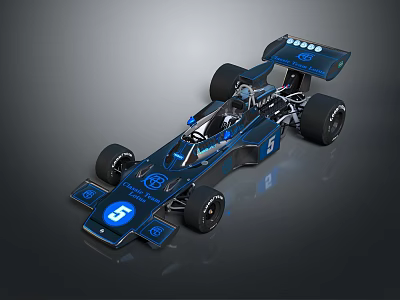 Blue Streamlined Formula Racing Car With Number 5 And Aerodynamic Rear Wing 3d model