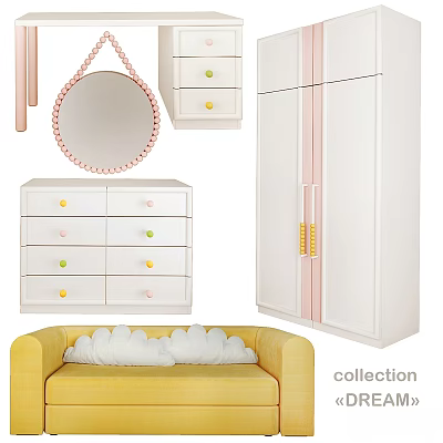 Kids Bed Furniture Collection With Colorful Knobs Pink Stripes Yellow Sofa And Cloud Cushions 3d model