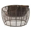 Round Rattan Outdoor Sofa With Dark Cushions And Light Brown Seat Design
