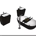 Black Round Bathtub With Wooden Tray And Two Dark Wood Vanities With Black Basins