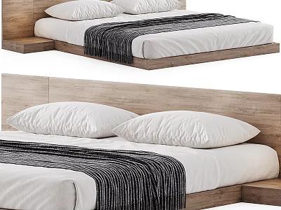 Minimalist Modern Double Bed With Wooden Headboard White Pillows And Striped Blanket 3d model