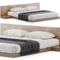 Minimalist Modern Double Bed With Wooden Headboard White Pillows And Striped Blanket