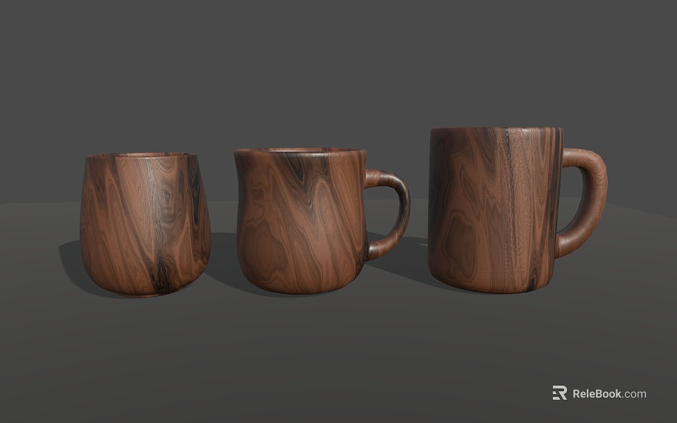 Three Natural Walnut Wood Texture Mugs With Different Shapes On Gray Background 3d model 