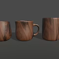 Three Natural Walnut Wood Texture Mugs With Different Shapes On Gray Background