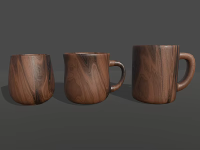 Three Natural Walnut Wood Texture Mugs With Different Shapes On Gray Background 3d model