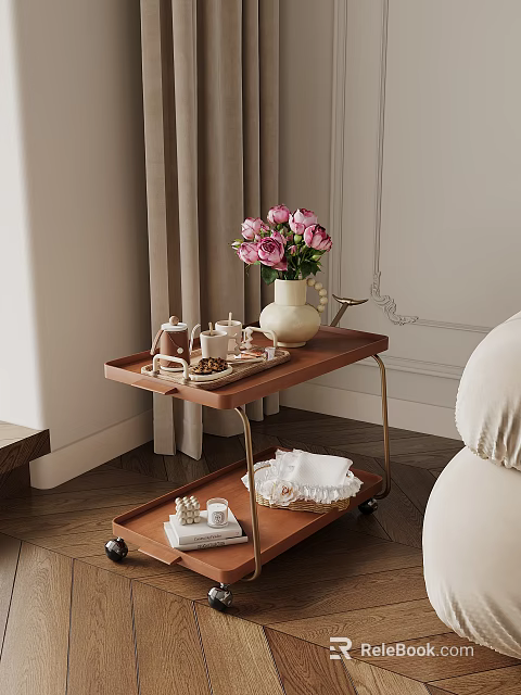 Elegant Two Tier Wooden Side Table With Wheels Tray Holding Pink Roses Tea Set 3d model 