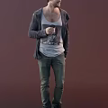 Man Holding Coffee Cup in Gray Hoodie White T-Shirt and Green Pants Against Pink Background