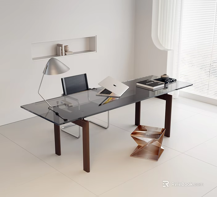 Modern Home Office Desk Chair Set With Glass Top Wooden Legs And Laptop Books Lamp 3d model 