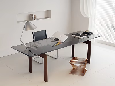 Modern Home Office Desk Chair Set With Glass Top Wooden Legs And Laptop Books Lamp 3d model