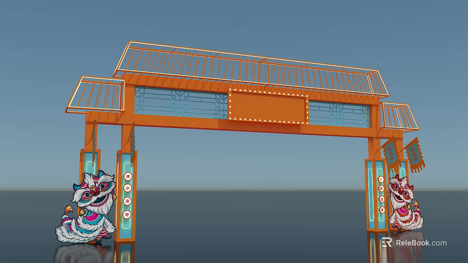 Activity Gateway With Orange Frame Billboard Traditional Roof Railings Blue Columns And Colorful Lion Statues 3d model 