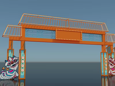 Activity Gateway With Orange Frame Billboard Traditional Roof Railings Blue Columns And Colorful Lion Statues 3d model
