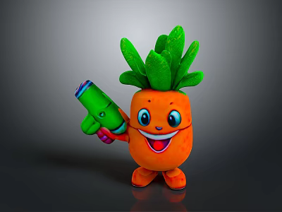 Cute Carrot Plush Toy With Green Leaves Smiling Face And Green Toy Gun 3d model
