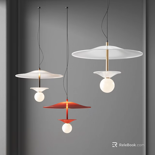 Modern White Red Pendant Lights With Metallic Poles Disc Shaped Tops And Spherical Globes 3d model 