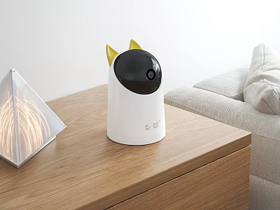 White Projection Security Camera Placed On Wooden Table In Living Room With Geometric Decorative Ornament 3d model