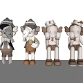 Four Stuffed Dolls With Different Poses Wearing Hats Shorts And Casual Outfits In White Brown