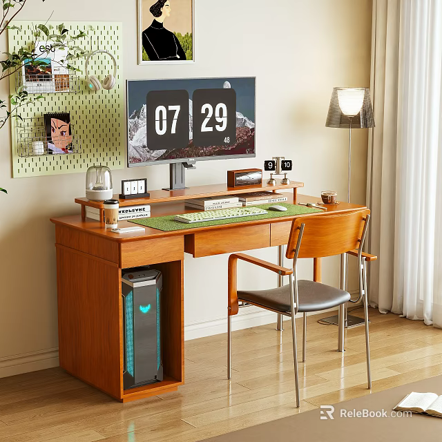 Wooden Work Desk With Computer Monitor Table Lamp Green Plants And Photo Wall 3d model 