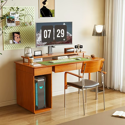 Wooden Work Desk With Computer Monitor Table Lamp Green Plants And Photo Wall 3d model