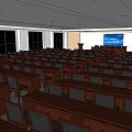Large Conference Room Interior Layout With Arranged Wooden Seats And Front Screen