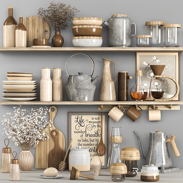 Rustic Kitchenware Display On Shelves With Clay Jars Wooden Boards And Metal Kettles 3d model 