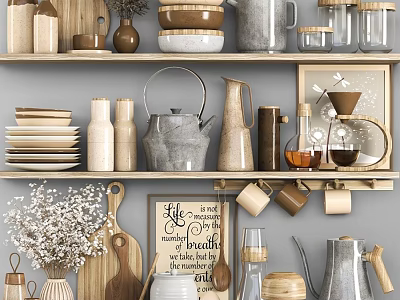 Rustic Kitchenware Display On Shelves With Clay Jars Wooden Boards And Metal Kettles 3d model